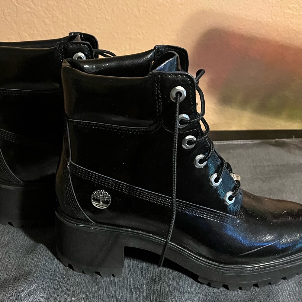 Black Timberland Kingsley patent leather block chunky ankle biker boot